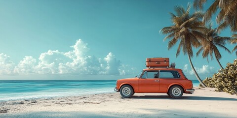 Retro Car with Luggage and Beach Gear on White Background: Summer Vacation Travel Concept. Vintage Vehicle Packed for Holiday Adventure. Minimalist Design for Tourism Marketing and Seasonal Promotions
