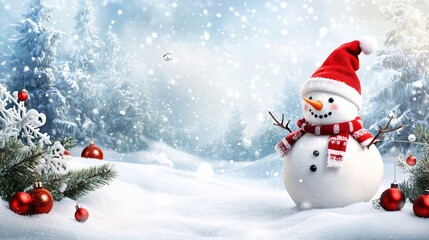 Fototapeta premium Festive snowman in a winter wonderland, surrounded by snow, trees, and Christmas ornaments, creating a joyful holiday scene.