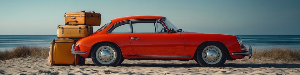 Fototapeta premium Retro Car with Luggage and Beach Gear on White Background: Summer Vacation Travel Concept. Vintage Vehicle Packed for Holiday Adventure. Minimalist Design for Tourism Marketing and Seasonal Promotions