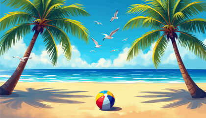 Naklejka premium Vibrant Beach Scene with Palm Trees, Colorful Ball, and Seagulls