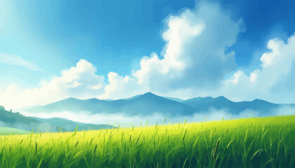 Obraz premium Vibrant Field of Tall Green Grass with Mountains in the Distance