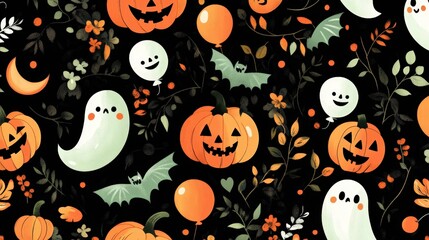 Fototapeta premium A festive Halloween pattern featuring pumpkins, ghosts, bats, and autumn leaves on a black background.