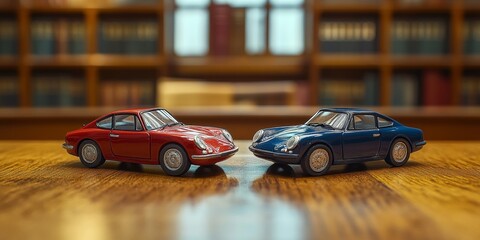 Obraz premium Legal Negotiation Concept: Miniature Car Models on Lawyer's Desk. Vehicle Accident Case Study, Insurance Coverage, and Civil Court Trial Representation. Divorce Property Division and Child Custody Dis