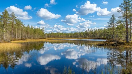Kemeri park: blue sky in swamp lakes.