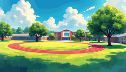 Naklejka premium Vibrant School Campus with Red Track and Green Trees