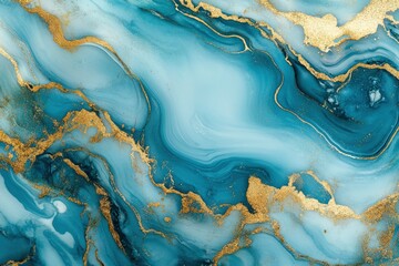 Processed collage of luxurious ocean blue and gold ink marble texture. Background for banner, backdrop or texture for 3D mapping , ai