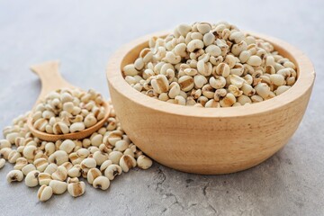 Job's tears  with wooden spoon in a wooden bowl on geay cement background