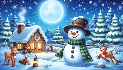 Obraz premium Cute cartoon picture of a snowman in winter 