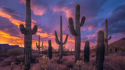 a desert with tall saguaro cacti standing against a dramatic sky