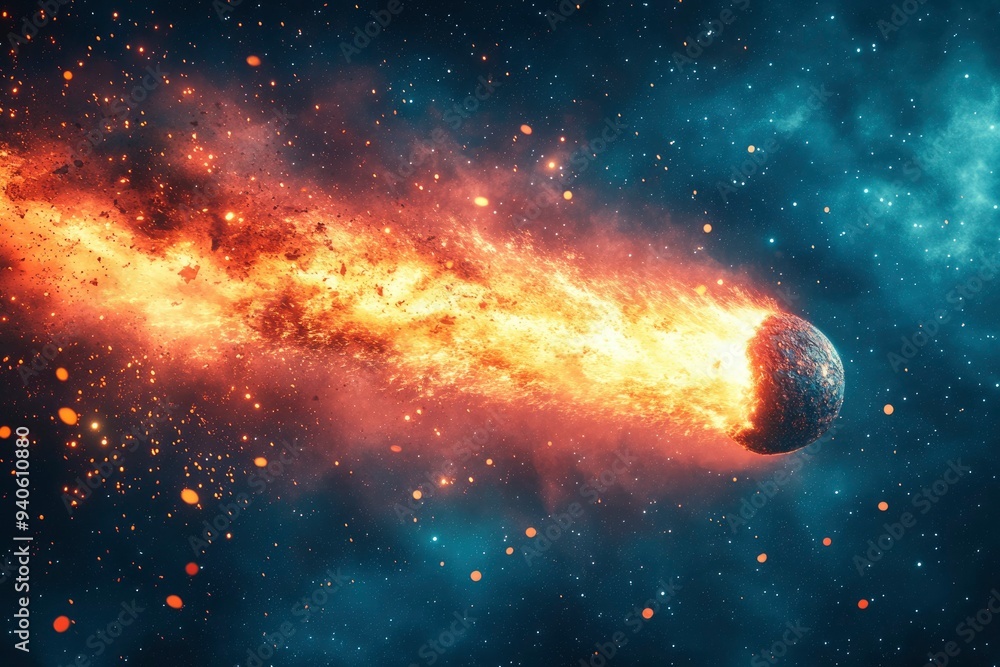 Poster fiery asteroid crashing into planet in space