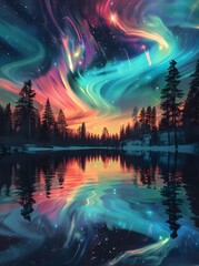 Obraz premium Colorful northern lights, over a forest with a lake that has swirls in the sky