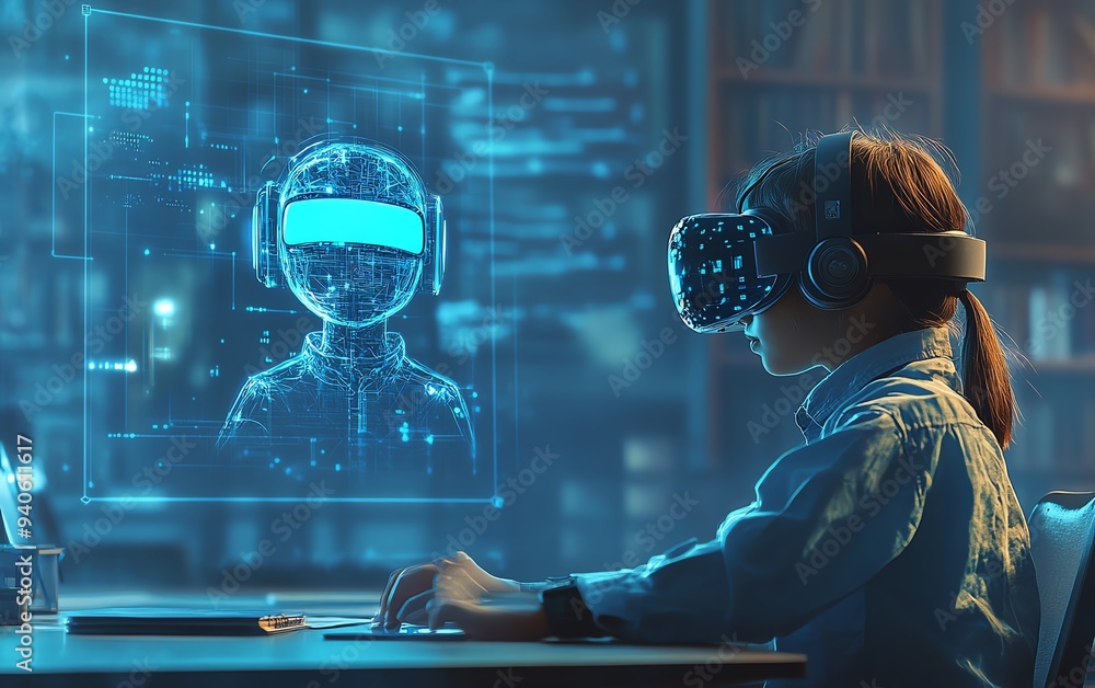 Poster classroom setting with a school student using vr headset for ai and machine learning, highlighting i