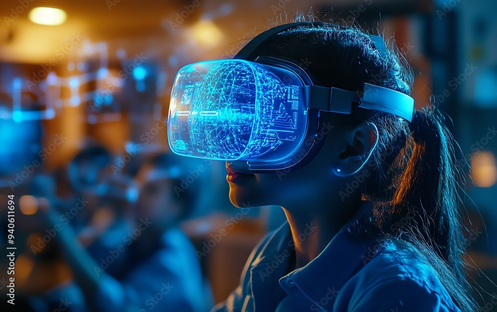 Poster classroom setting with a school student using vr headset for ai and machine learning, highlighting i