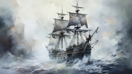 A majestic ship sailing through turbulent waters, captured in an artistic and dramatic stormy setting.