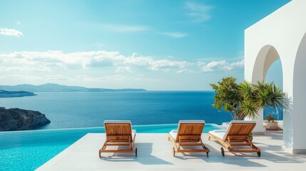 Fototapeta premium Two deck chairs on terrace with pool with stunning sea view. Traditional mediterranean white architecture with arch. Summer vacation concept