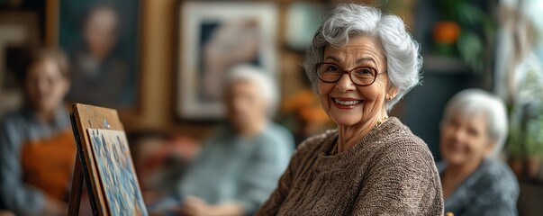 Elegant senior woman painting on an easel in an art studio, surrounded by a group of elderly individuals engaging in a creative hobby in a retirement home setting