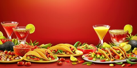 Obraz premium Delicious Mexican Tacos with Cocktails and Red Background.