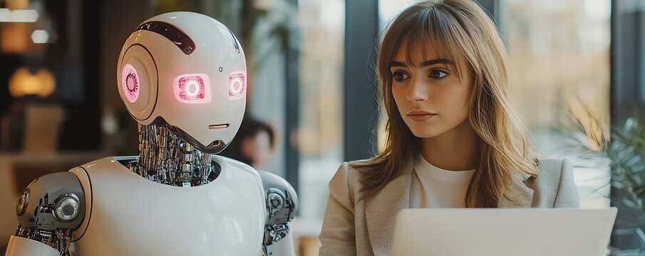 Elegant suitclad businesswomans rearview next to a white and pink robot cyborg in a stylish studio, reflecting AI vs human employment, working on a laptop