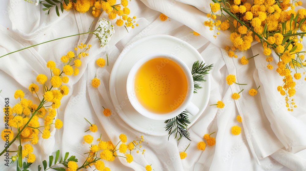 Wall mural Top view of a cup of tea surrounded by mimosa flowers