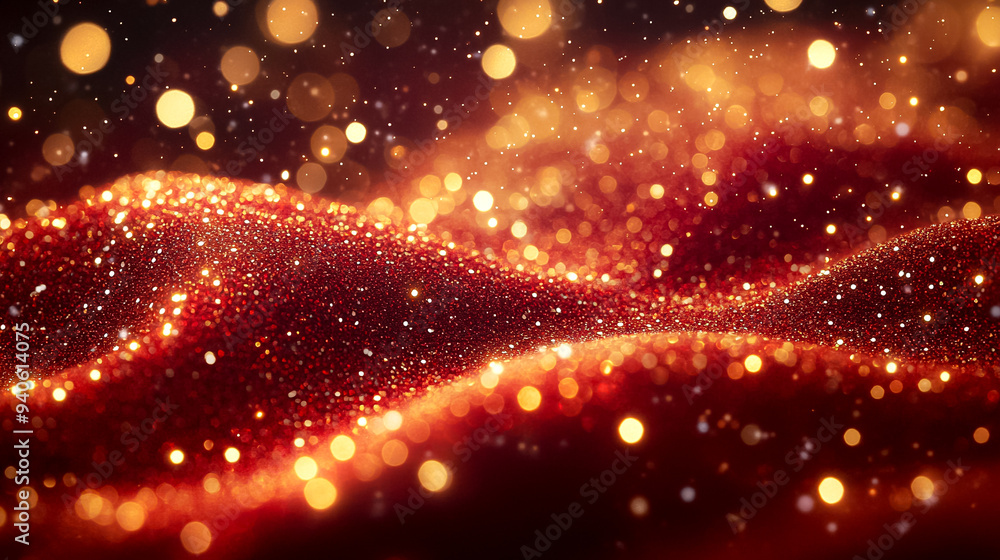 Poster a red and gold background with a lot of sparkles