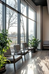 Fototapeta premium A contemporary clinic waiting room with sleek chairs, a large window letting in natural light, and a few potted plants, Generative AI 