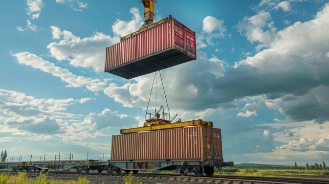Loading container onto train using crane.