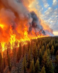 Fototapeta premium A massive forest fire engulfs trees, with thick smoke rising into the sky under a partly cloudy sunset.