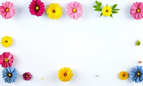 Colorful floral border with vibrant daisies and lush greenery on a white background