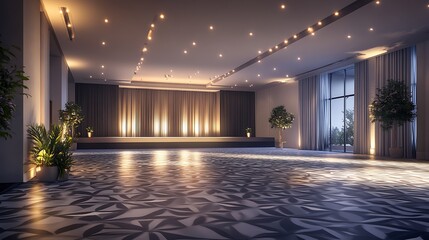 Bright and Inviting Event Space with a Stage, Soft Lighting, and Patterned Floor