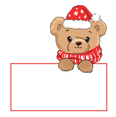 Red Frame with Cute Teddy Bear New Years christmas background. Kids print vector illustration, Holidays decor