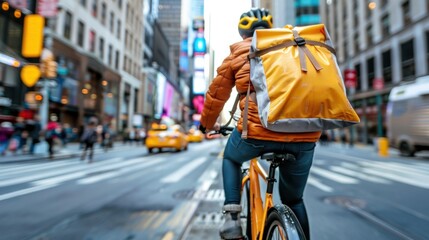 Cyclist with delivery bag in vibrant city. Urban transport and food delivery concept. Modern lifestyle in bustling downtown area.