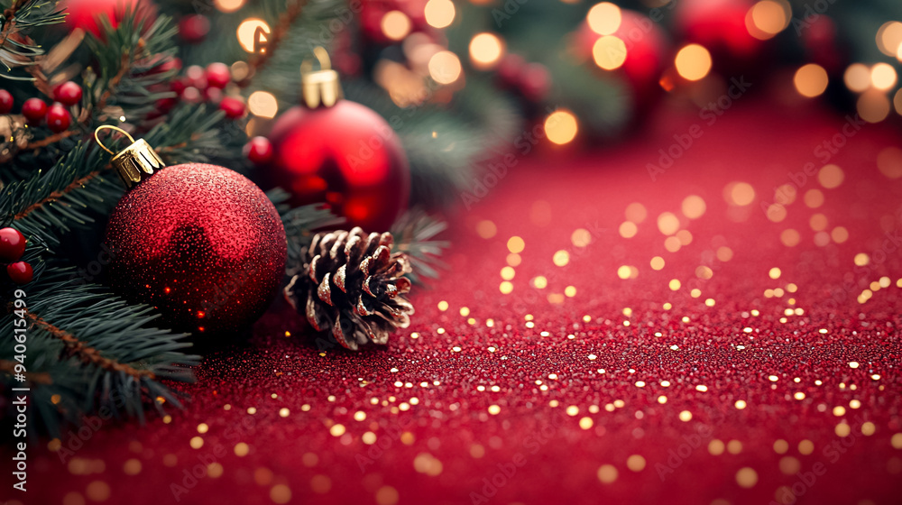 Poster a red background with a red ornament and a pine cone on it