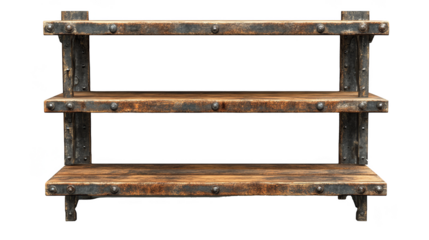 Rustic Wooden Shelf with Metal Brackets and Rivets