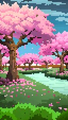 Cherry blossom grove pixel art background. 8-bit game assets