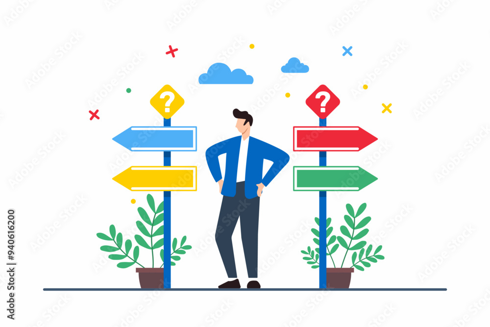 Poster flat illustration of man standing at crossroads with multiple signposts symbolizing career choices a