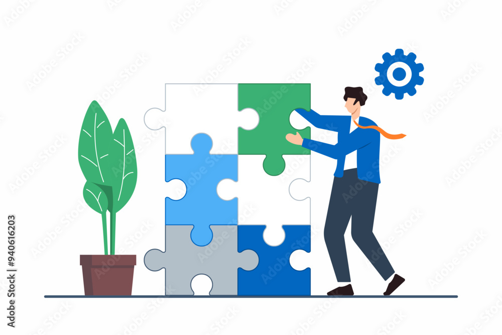 Poster flat illustration of person assembling puzzle pieces into new shape representing restructuring and a