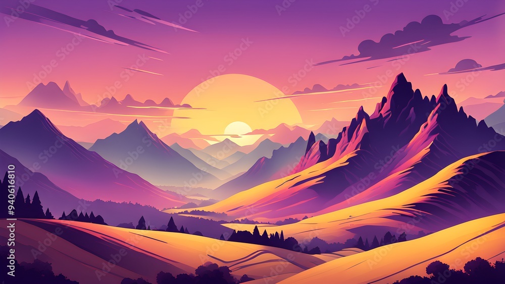 Wall mural A beautiful mountain landscape with a sun in the sky