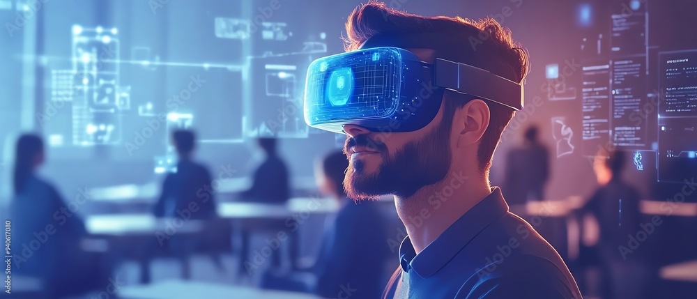 Aufkleber interactive education scene with a student wearing a vr headset, utilizing ai and machine learning t