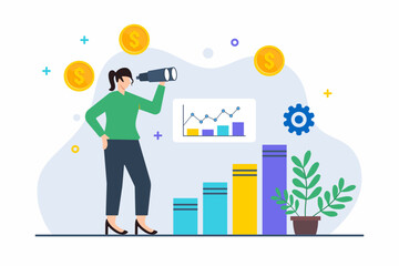Flat illustration of woman using binoculars to spot business opportunities in digital marketplace