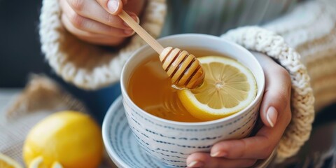 A person mixing honey into a cup of hot lemon tea while feeling cold symptoms at home