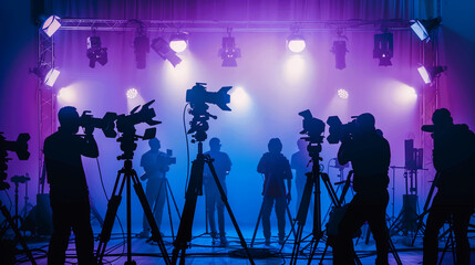 Commercial video film movie making lighting set professional studio production big working people silhouette scenes behind television camera motion picture equipment crew photo light