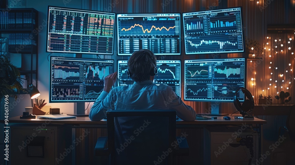 Sticker A professional forex trader desk. Multiple monitors display various forex charts and data, including bar charts and line graphs. A trader is seated at the desk, analyzing the screens intently.