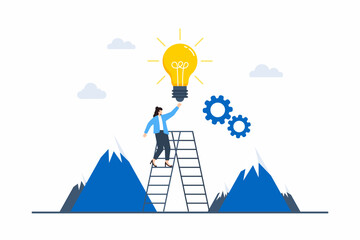 Flat illustration of woman climbing ladder to reach innovation summit as top creative leader © VZ_Art