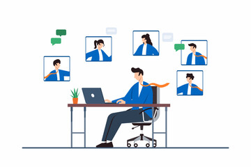 Flat illustration of recruiter conducting virtual interviews for remote job candidates