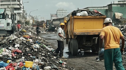 Workers Collecting Trash at Landfill Site. Sanitation workers collecting trash at a landfill site, surrounded by garbage piles and dump trucks, emphasizing urban waste management.