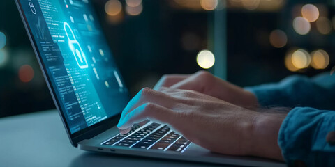A man using a laptop computer show a privacy Lock icon on screen to represent online safety.
