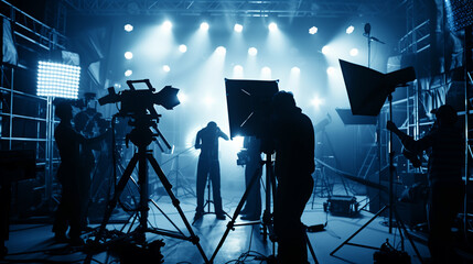 Commercial video film movie making lighting set professional studio production big working people silhouette scenes behind television camera motion picture equipment crew photo light