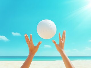 Hands reaching for a white beach ball against a bright blue sky and turquoise ocean backdrop on a sunny day.