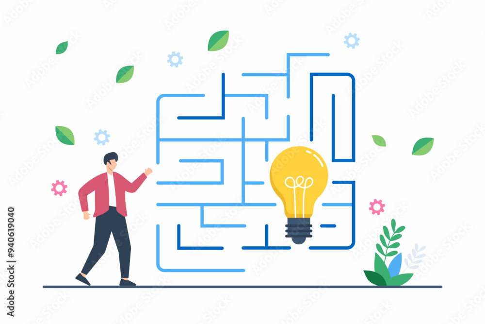 Poster flat illustration of person navigating maze with lightbulb guiding innovation and problem-solving st