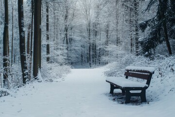 snow covered park bench in winter, surrounded by trees covered with white snow 